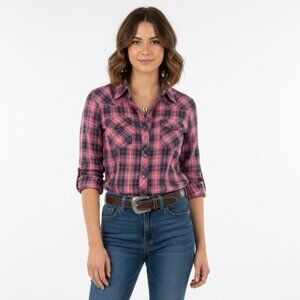 Bit & Bridle Pink & Blue Pearl Snap Long Sleeve Rodeo Plaid Gingham Top L